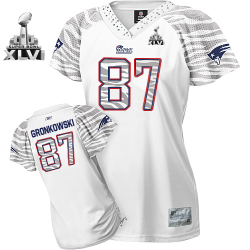 Patriots #87 Rob Gronkowski White Women's Zebra Field Flirt Super Bowl XLVI Stitched NFL Jersey